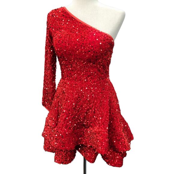 NWT Bright Red Size 2 Asymmetric One Long Sleeve Short Sequin Dress - Picture 11 of 13